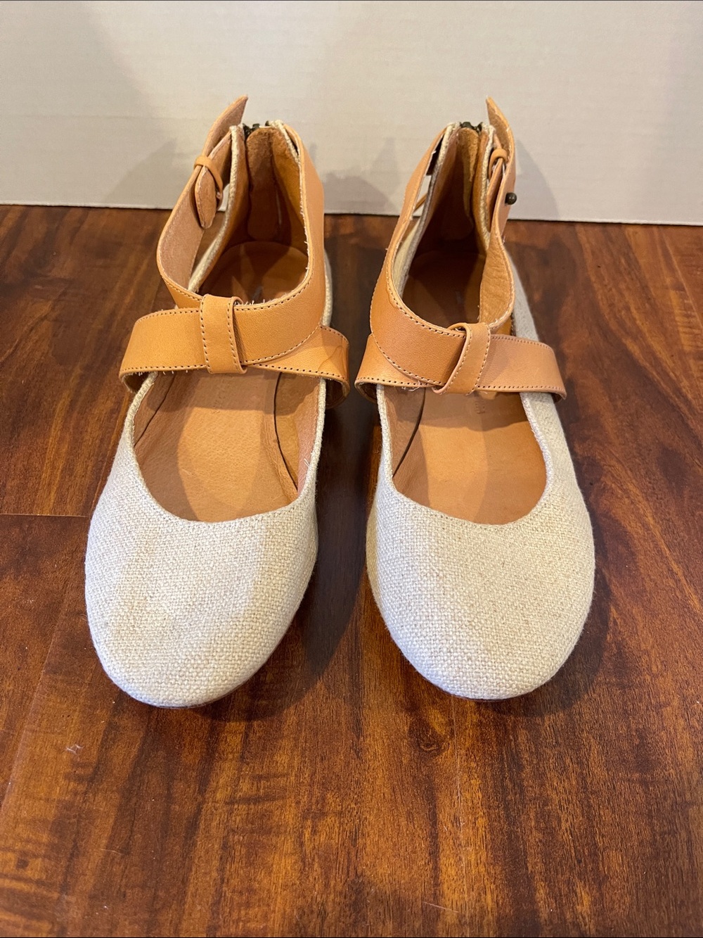 Women's Beige Canvas and Tan Leather Strap Flats
